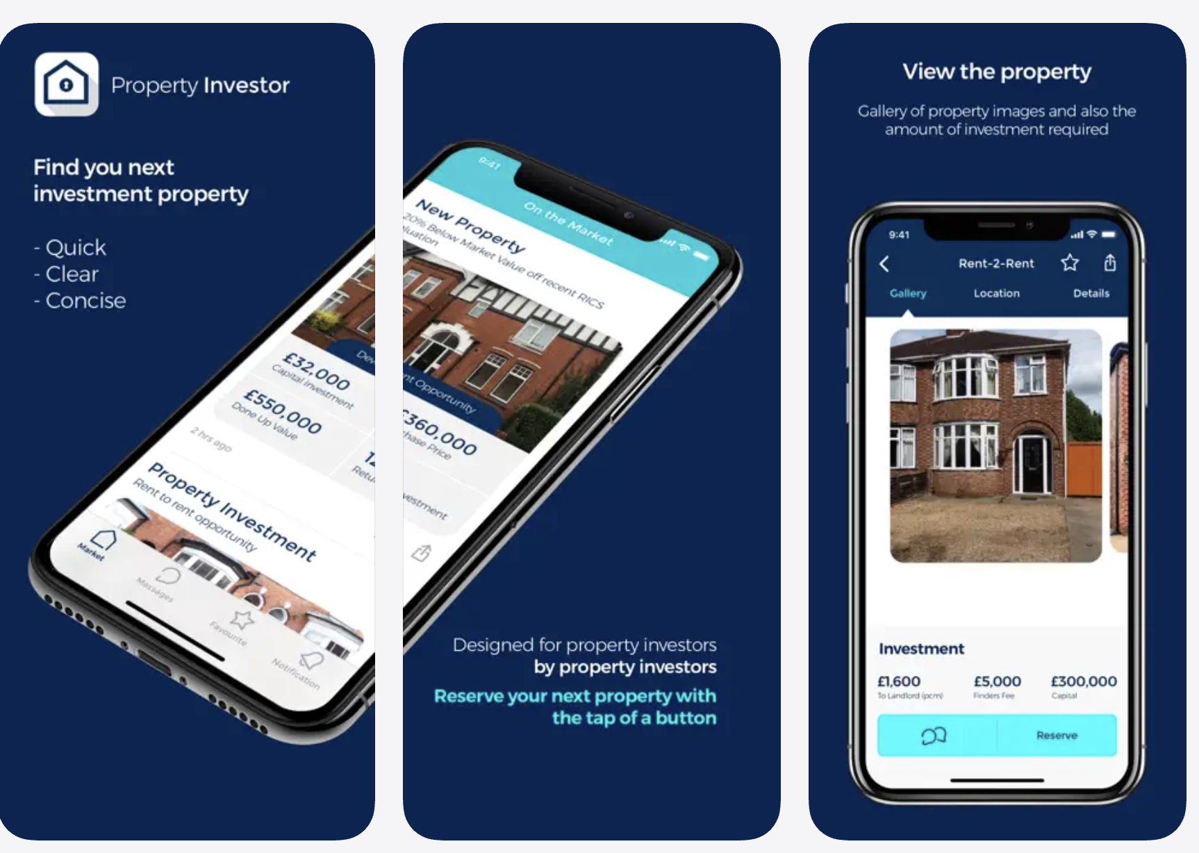 Property Investor App — three phone screens showing Find your next investment property, New Property at 20% below market value, and View the property with investment breakdown