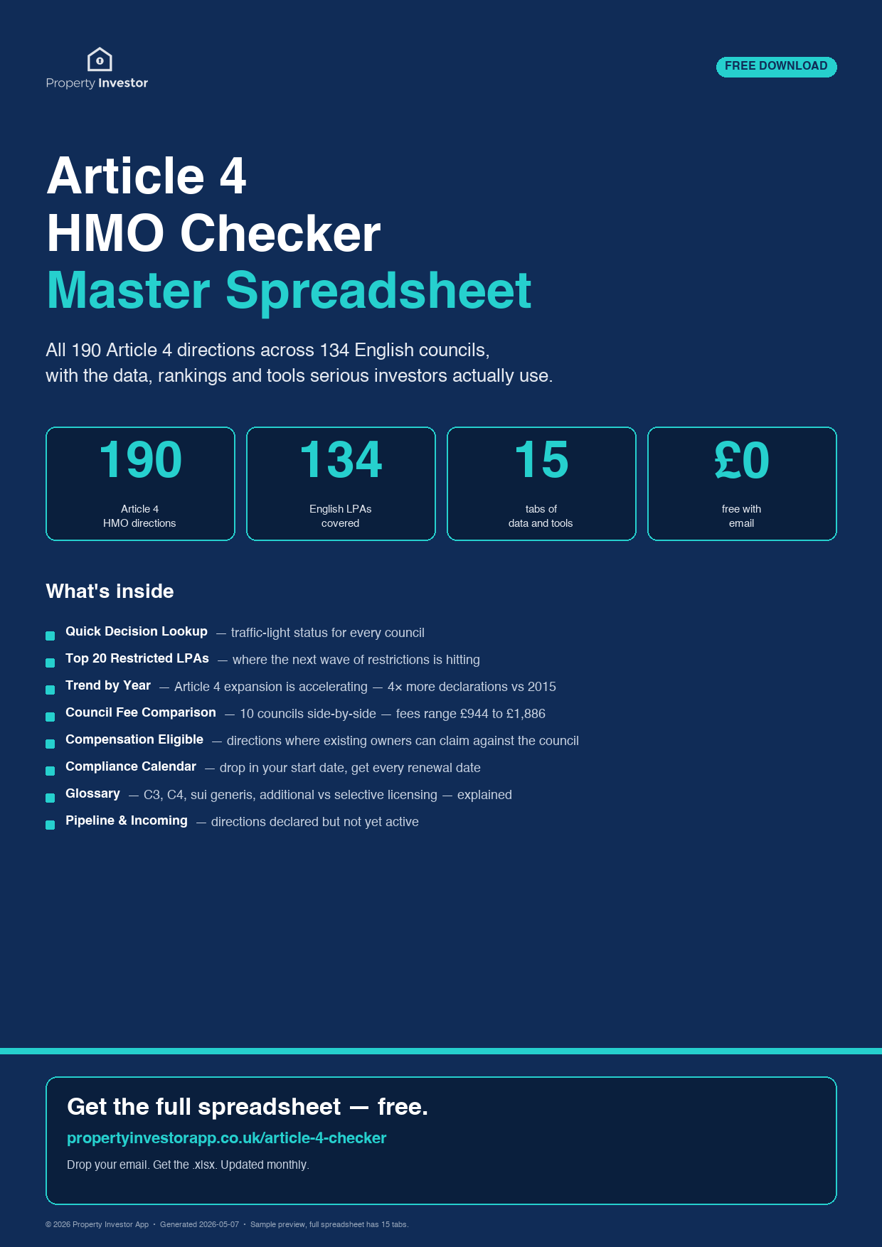 Article 4 HMO Master Spreadsheet cover preview — 190 directions, 134 LPAs, 15 tabs